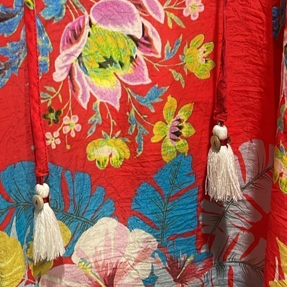 Johnny Was Red Floral Short Sleeve Tunic with Tassel Tie Size XS - EUC - Picture 2 of 7